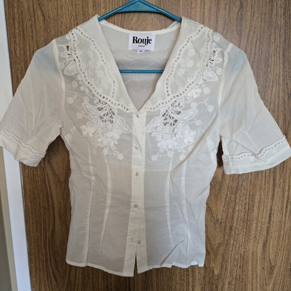 Rouje Cream Embroidered V-Neck Button Front Blouse